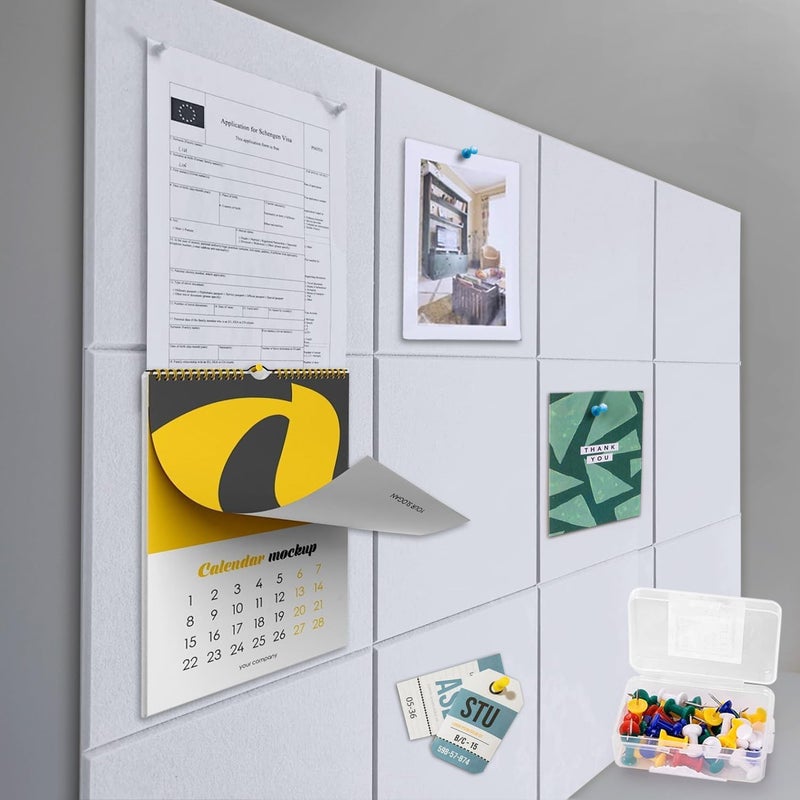 ZHIDIAN Felt Wall Tiles Bulletin Board with Removable Adhesive, 47"x35" White Cork Board Alternative with 40 Push Pins, 12 Pack Large Office Cork Tile Pin Board Felt Squares for Walls - Image 1